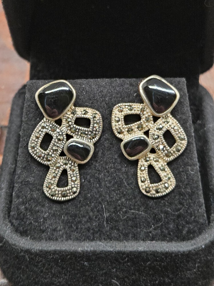 Vtg Art Deco Geometri Sterling Silver 925 Marcasite & Black Onyx Pierce Earrings