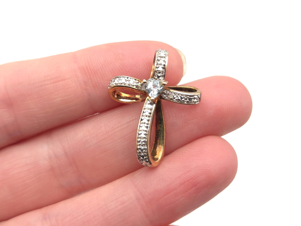 Designer PAJ Light Blue Topaz Heart Vermeil Sterling Diamond Chip Cross Pendant