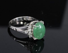 Fine 2.45ct Natural Jadeite Jade & 0.24ct Diamond Platinum Ring, Size 6