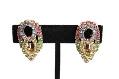 Vintage Multicolor Rhinestone Climber Clip On Earrings & Choker Necklace Set