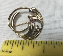 14K gold filled, open work, abstract vine & ruby brooch, 1″ in