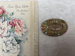 Lot Of 2 VTG 1948 Mother’s Day Card And Vintage “Mother” Brooch Pin Rhinestone