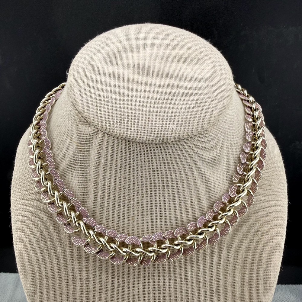 Vintage Western Germany Necklace Silver Tone Pink Lightweight 16”