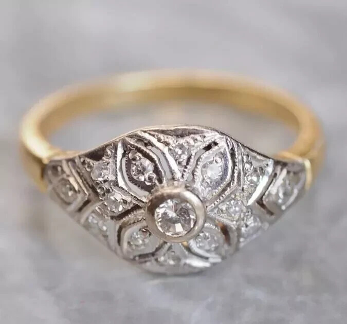 Vintage Art Deco Style Lab Created Diamond Engagement 14K Yellow Gold FN Ring