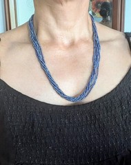 Natural Nepal Glass Seed Bead Multi Strand Necklace. Iridescent Peacock Blue 22″