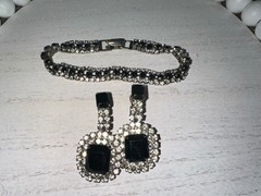 Vintage Clear Black Rhinestone Bracelet Clip-On Earrings Set Emerald Cut Costume