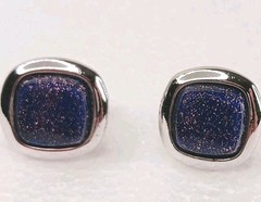 SHIELDS Cufflinks Tie Clasp Set Vintage Copper Sparkle Blue Glass Faux Lapis