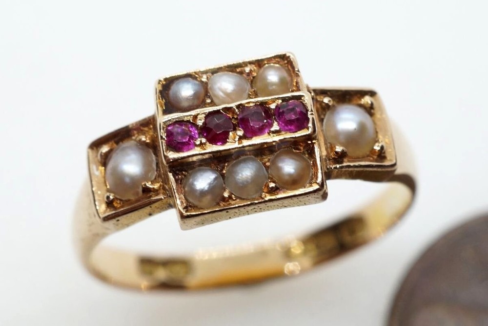 PRETTY ANTIQUE VICTORIAN ENGLISH 15K GOLD RUBY & PEARL RING c1872