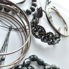 Estate Find Black Silver/Gold Tone Jewelry Lot Necklace, Earrings & Bracelets