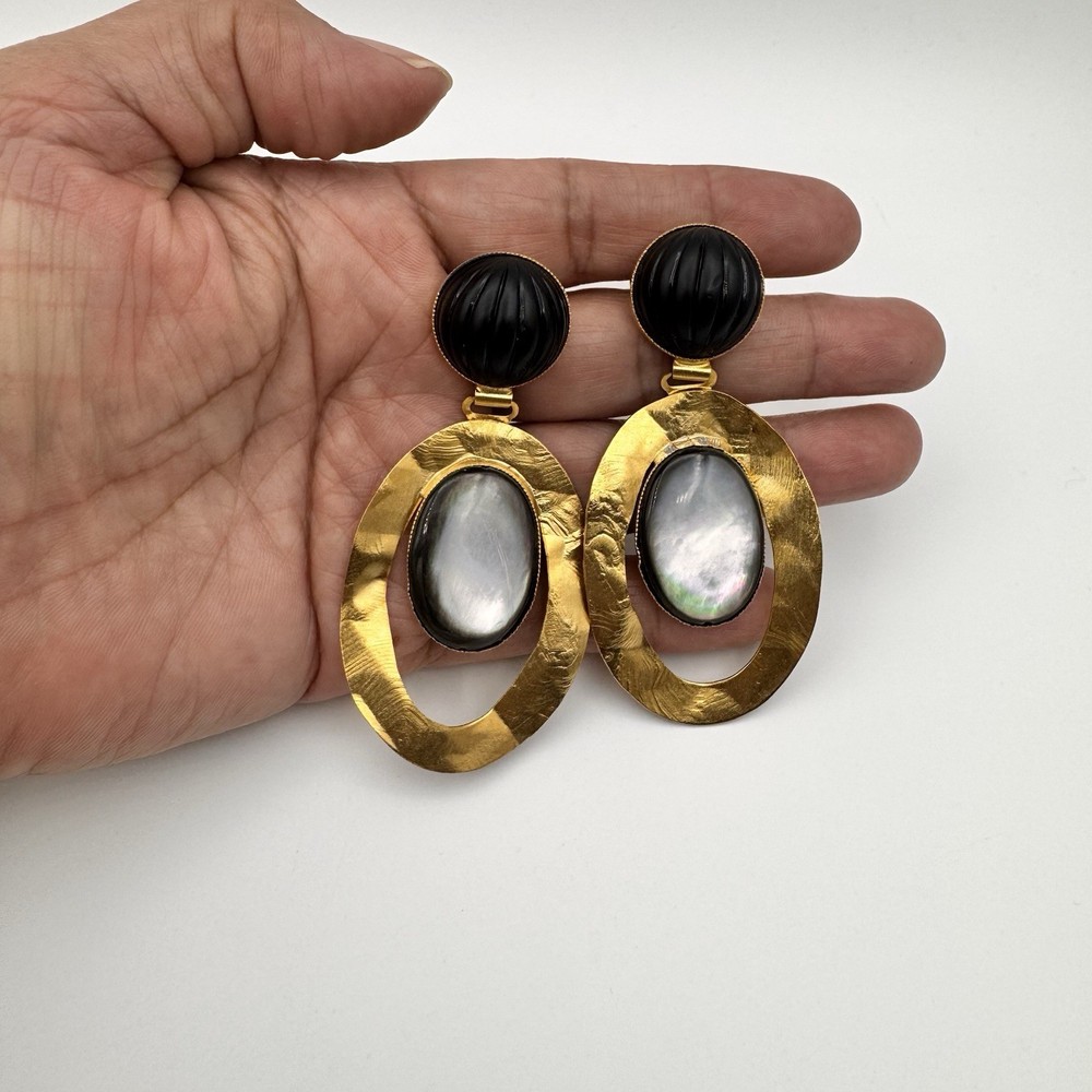 Vintage Nicolas Frangos Gold Tone Mother Of Pear Black Resin Dome Earrings