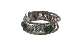 Vintage Silver Tone Filigree Mesh Bracelet Green Cabochon Stones Ornate Design