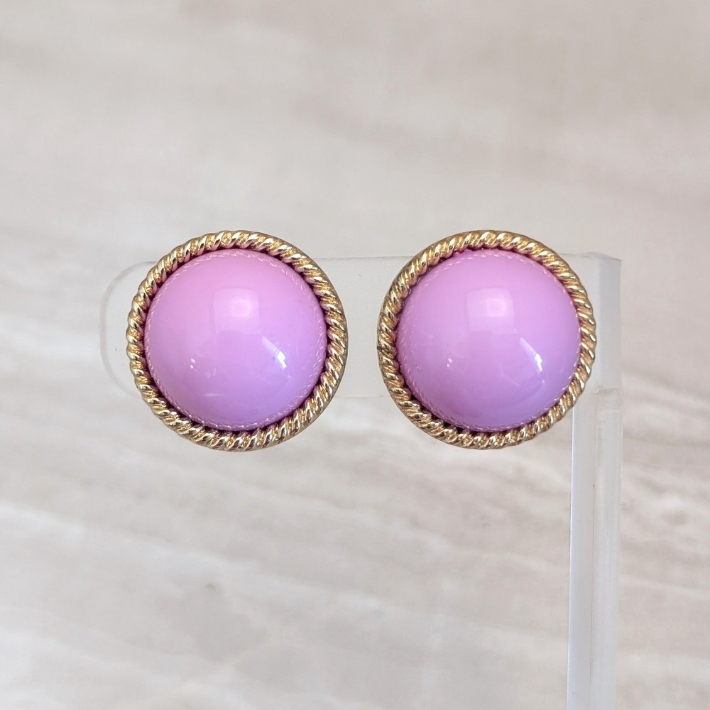 Vintage Clip On Earrings Pinkish Purple Domed Circle Gold Tone Halo Large Chunky