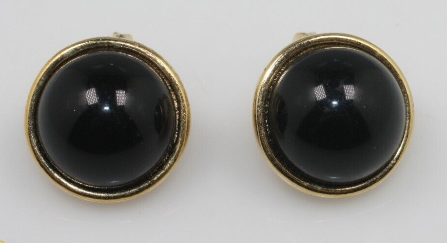 Vintage gold tone black cabochon small push back clip on Monet earrings