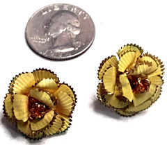 Screw Back Earrings Yellow Enameled Metal Floral Amber Stone Center Austria MCM