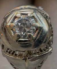 Ring-Antique, Art Deco, White Gold, Diamond, Old Mine Cut, Vintage Filigree
