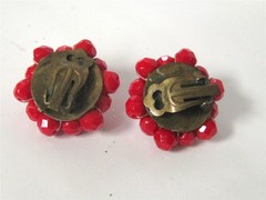 Vintage Germany Red Czech Glass Bead Beaded Cluster Earrings Clip On Hexagon