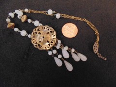 Victorian Antique Brass Filigree Opaline Glass Bead Pendant Choker Necklace 15.5