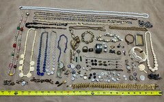 Nice Lot of Antique Jewelry – Glass Beads, Rhinestones, Hand Carved