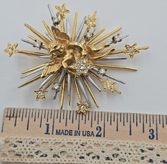 Vintage Angel Cherub Stars Mix Metal Rhinestone Starburst Brooch or Pendant 3″