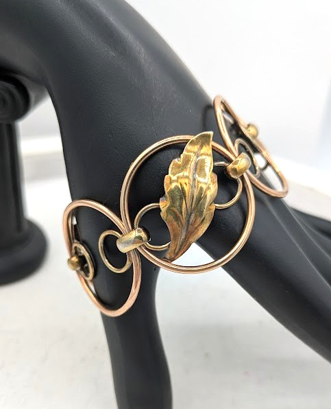 Vintage KREMENTZ Bracelet Leaf Circles Mixed Metal Copper and Gold Tone