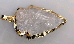 Quartz Crystal Arrowhead Pendant GOLD Plated Edge-Hand Carved-Reversible 35mm