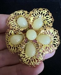 Vintage Light Yellow Glass Tear Drop Beads Gold Tone Filigree Lily Clip-on Set