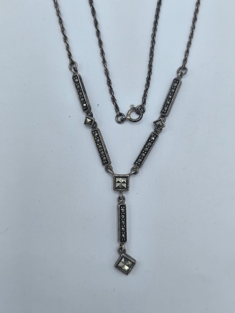 925 Sterling Silver Marcasite Art Deco Drop Y-Necklace 16″ Thailand Vintage