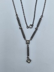 925 Sterling Silver Marcasite Art Deco Drop Y-Necklace 16″ Thailand Vintage
