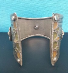 ANTIQUE STERLING SILVER HANDMADE CUFF BANGLE BRACELET WITH ENAMEL 51.5 Grams