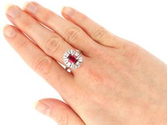 2.13Ct Thai Ruby and 1.56Ct Diamond 18k White Gold Cluster Ring Circa 1970