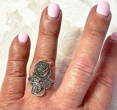 C&C Rhodium Electroplate Clark & Coombs Art Deco Marcasite Rose Flower Ring VTG