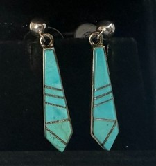 Calvin Begay Turquoise Inlay Dangle Earrings Native American Sterling Silver #8