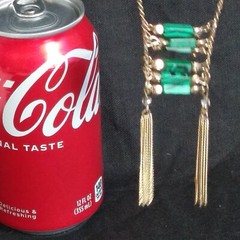 VINTAGE FAUX JADE BEAD & GOLD TONE CHAIN NECKLACE WITH CHAIN TASSELS SIGNED “C”