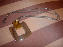 Vintage LR Lady Remington 2″ Silver Gold Square Pin/Pendant Silver Tone Necklace