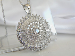 Vintage Style Sterling Silver 925 Baguette Starburst CZ Large Pendant Necklace