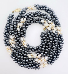 Vintage Twisted Hematite Rice Pearl 14K Gold Bead Necklace 30 in