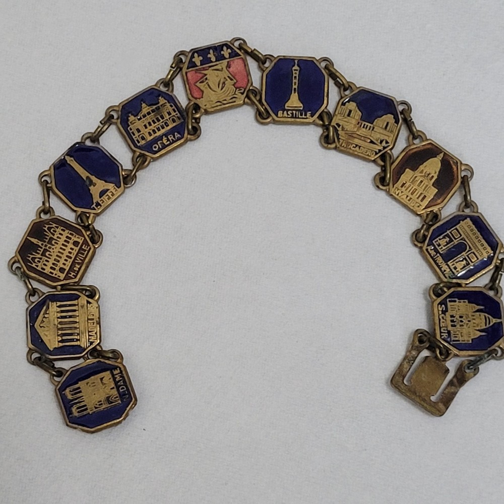 Paris France Souvenir Monuments Etched Enamel Link Brass Clasp Vintage Bracelet