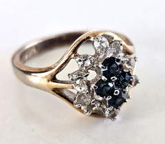Vintage Sapphire & Clear Glass Cocktail Gold Tone Ring Size 7 Signed G