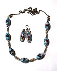 Vintage Russian Enamel Painted Jewelry Set Earrings & Double-Sided Necklace #61