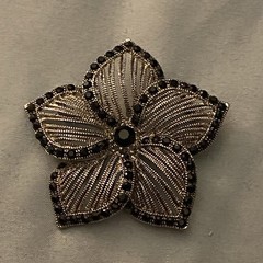 Vintage Silver Tone Flower Brooch With Black Bead Outlines 2.25” Diameter Goth