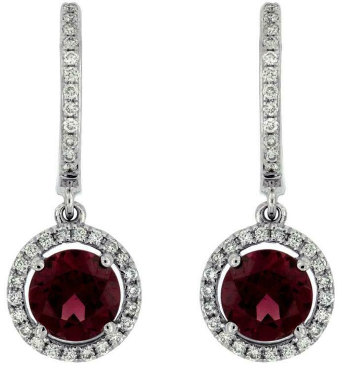 2.46CT DIAMOND & RHODOLITE 14KT WHITE GOLD CLASSIC ROUND HALO HANGING EARRINGS