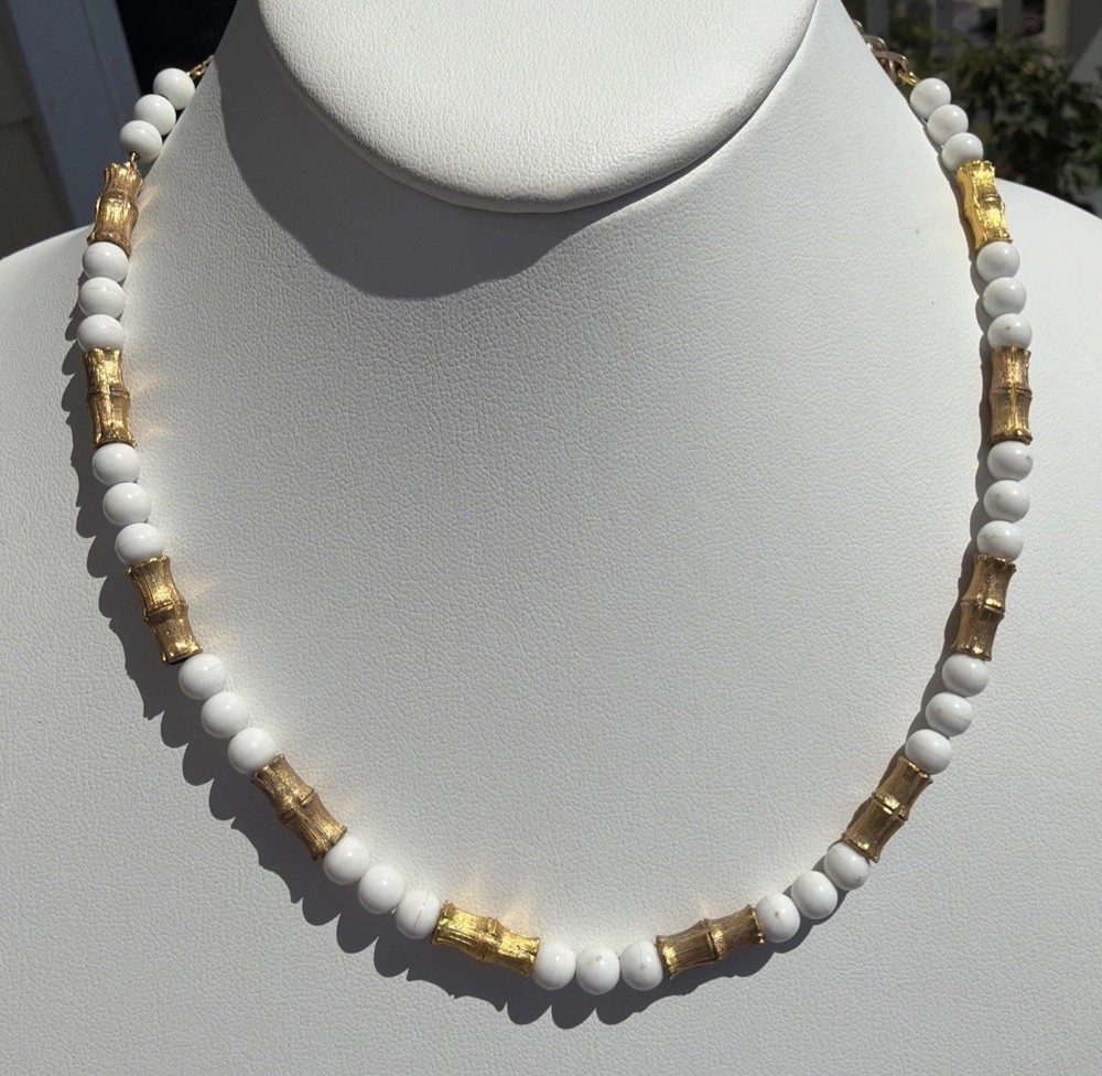Vintage 18″ Hong Kong Goldtone Bamboo And Round White Bead Necklace Hook Clasp