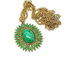 Vintage Gold-Tone Sunburst Pendant Necklace with Green Marbled Cabochon &…