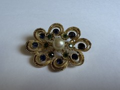 Gold Tone Blue & Green Crystal Rhinestone White Faux Pearl Pin