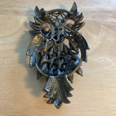 Vintage Owl Brooch Pin Avocado Olive Green Rhinestones & Metal Lg 3” Retro Boho