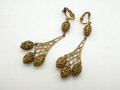 Vintage Brass Filigree Chandelier Dangle Drop Clip on Earrings Ornate