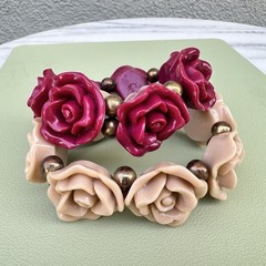 Carved Rose Bracelet Stack Flower Resin Pink Vintage Pink Red Gothic Romantic