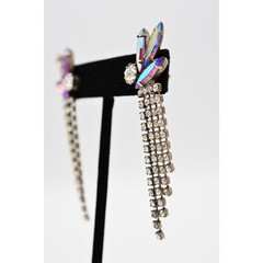 Vintage Dangle Fringe Earrings Aurora Borealis Rhinestone Crystal Marquise BinAG