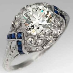 Art Deco Vintage 14K White Gold FN Lab Created Diamond Sapphire Engagement Ring