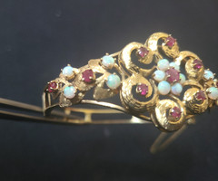 Spectacular Victorian 14K Yellow Gold Bangle Bracelet w/ Rubies and White Opals.